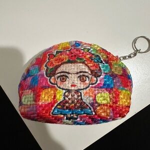 Frida Khalo coin purse with key chain attached New